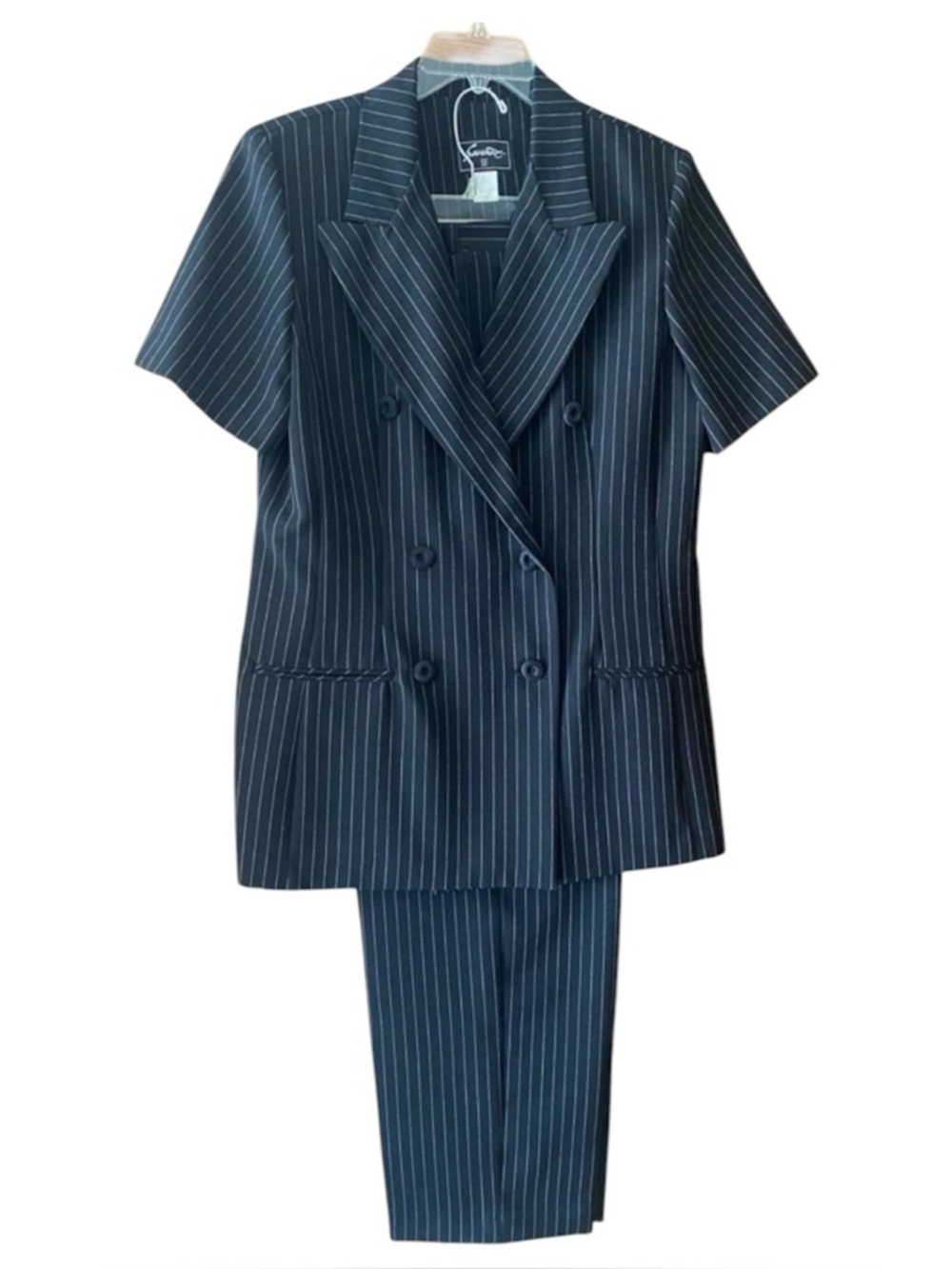 Sweet Suit Women’s Sz 14 Black Pinstripe Pantsuit Short-Sleeve Interview Set